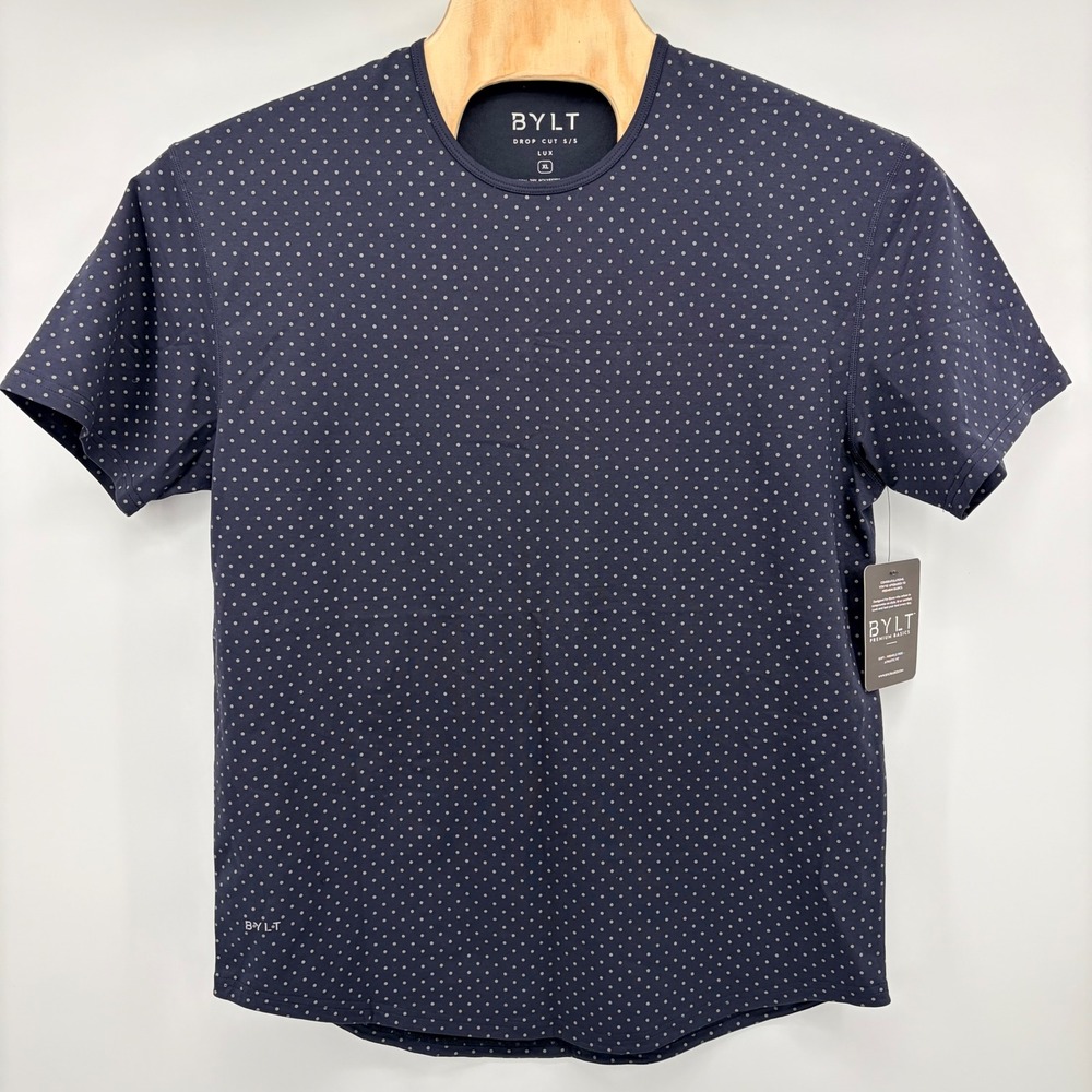 BYLT Drop Cut Lux Shirt Mens XL Navy Blue Polka Dot Short Sleeve Athletic Fit NW